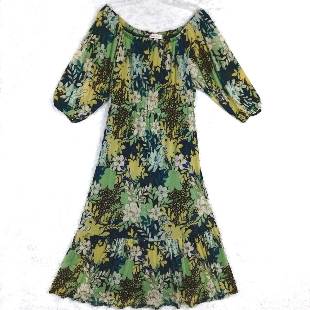 Harlow & Rose Womens Dress Midi Off Shoulder Black‎ Floral Leopard Print Boho M